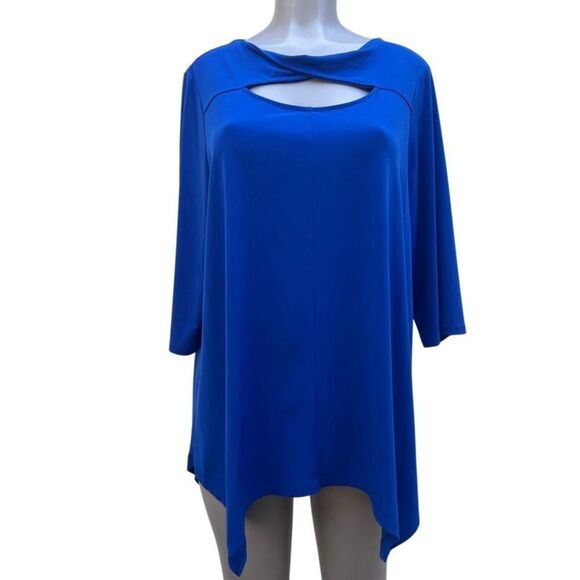 Any Wear By Catherines Tunic 0X 14/16 Blue Twist 3/4 Sleeve Handkerchief Hem - Picture 1 of 12